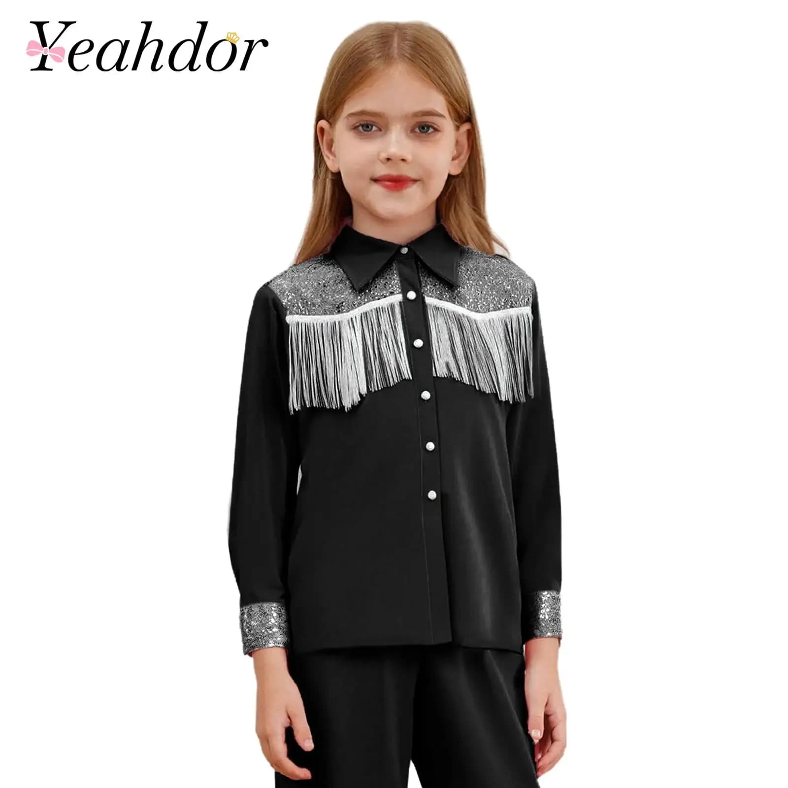 Abbigliamento per bambini Ragazze per bambini Camicia con frange con paillettes Risvolto Maniche lunghe Camicie abbottonate Cowgirl occidentale Vestire Costume di Halloween