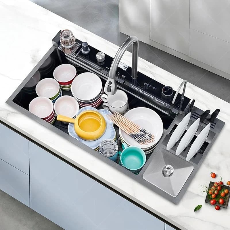 Lavello da cucina di grandi dimensioni a fessura singola con pattumiera e scolapiatti
