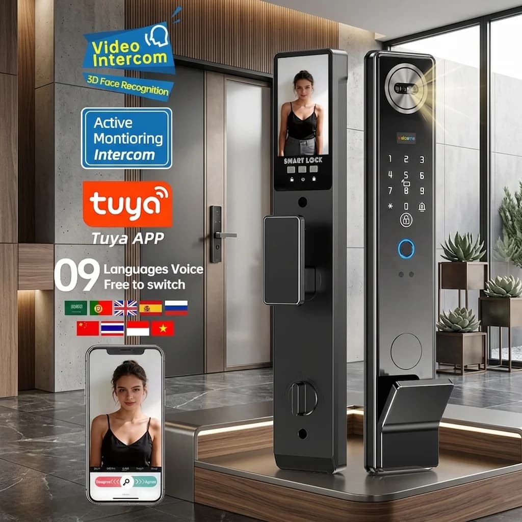 Serratura 3D con impronta palmare compatibile con videocitofono biometrico Tuya, mortasa 6068, 9 lingue, WiFi, controllo remoto, Smart Home