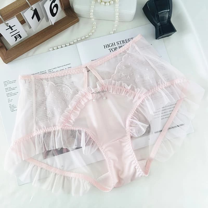 3XL Plus Size Women's Mid-rise Sheer Mesh Panties Ruffled Tulle Pearl Bow Sweet Cute Lolita Underwear Seductive Thin Breifs