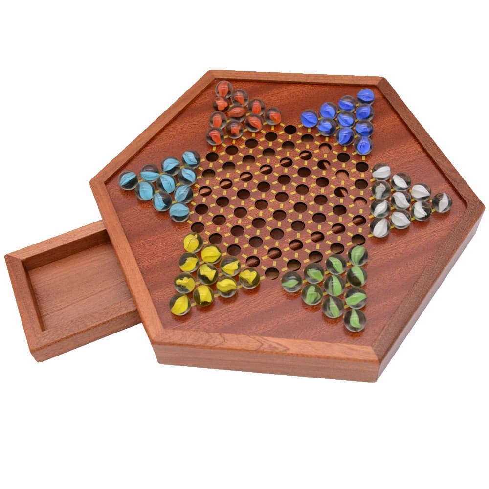 Wooden Chinese Checkers Set with Storage Drawer Children Adults Wooden Chess Board Game Glass Marble Christmas Gift