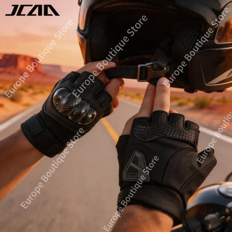 2026 NEW Summer Breathable Carbon Fiber Shell Half Finger Gloves Men Genuine Leather Short Anti Fall Motorcycle Riding Gear