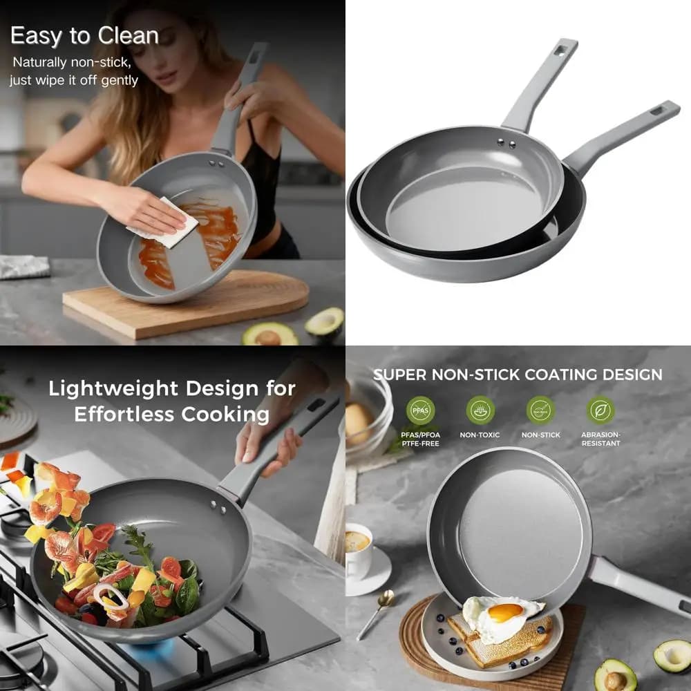 Set of grey ceramic non-stick pans, 10 and 12, PFOA-free pots, without PTFE, induction