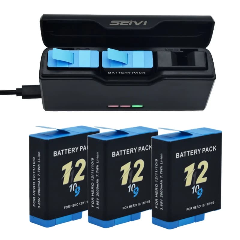 Batteria 2000mah per Gopro Hero 12 11 10 9 e LED 3 slot TF Card Battery Storage Charger Box per Gopro 12 11 10 9 accessori