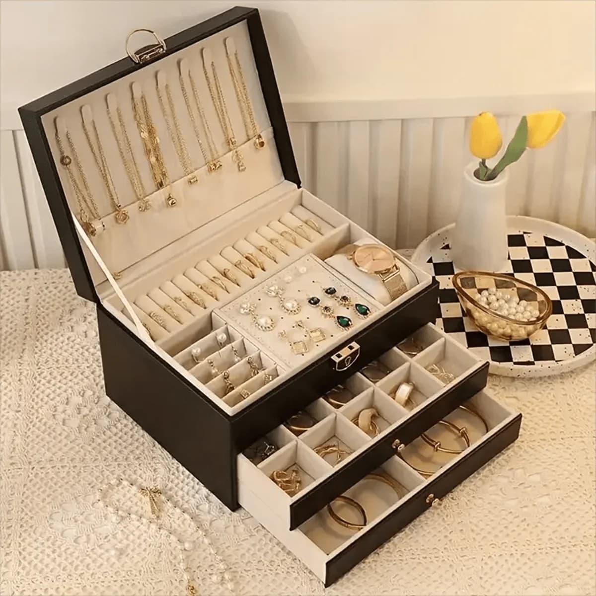 3-Layer PU Leather Jewelry Box with Lock, Large Capacity Watch Storage Organizer Case for Rings Earrings Necklaces, Multi-Functional Vanity Dresser Box