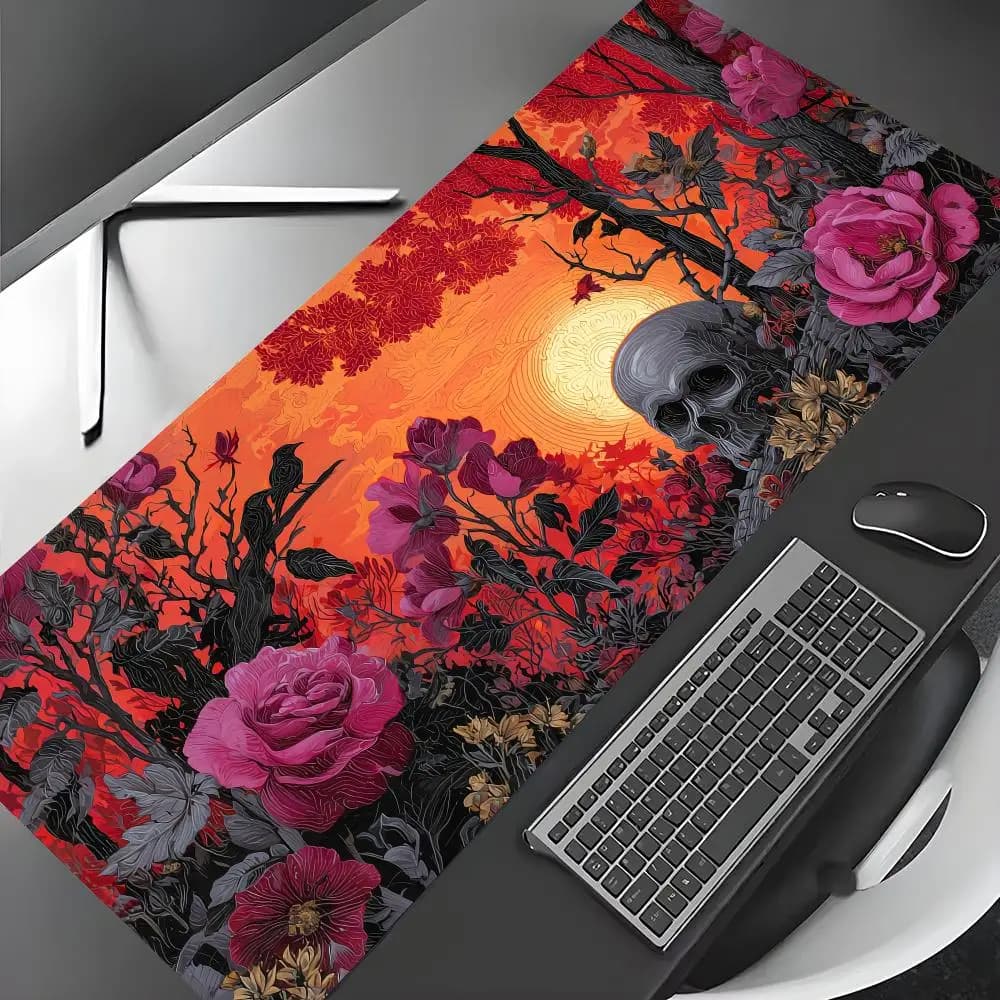 Tappetino per mouse con fiori romantici e tramonto, tappetini da gioco, tappetino da scrivania antiscivolo e resistente, con bordo cucito, stampa HD, tappetino da ufficio