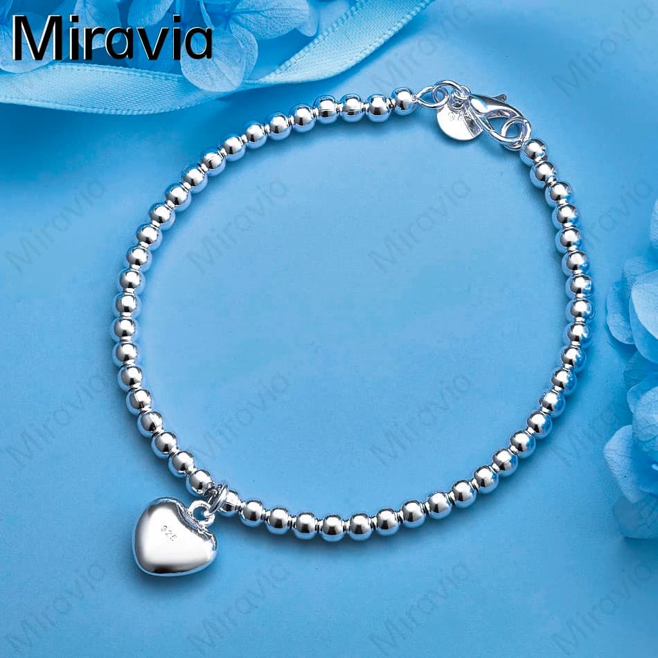 Miravia 925 Sterling Silver 4MM Round Bead Chain Love Pendant Bracelet Charm Cute Women Party Jewelry