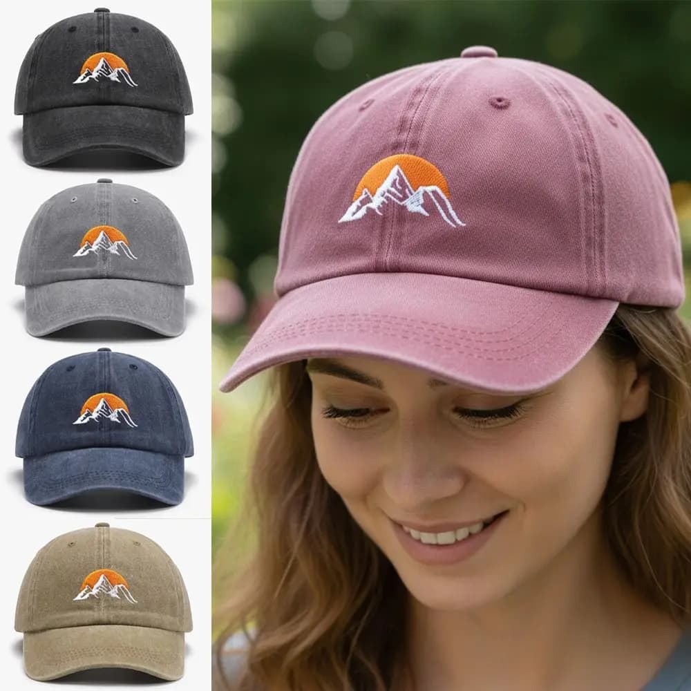 Retro Sunset Pattern Embroidery Baseball Cap Visor Washed Cotton Baseball Hats Adjustable Peaked Cap For Man Women