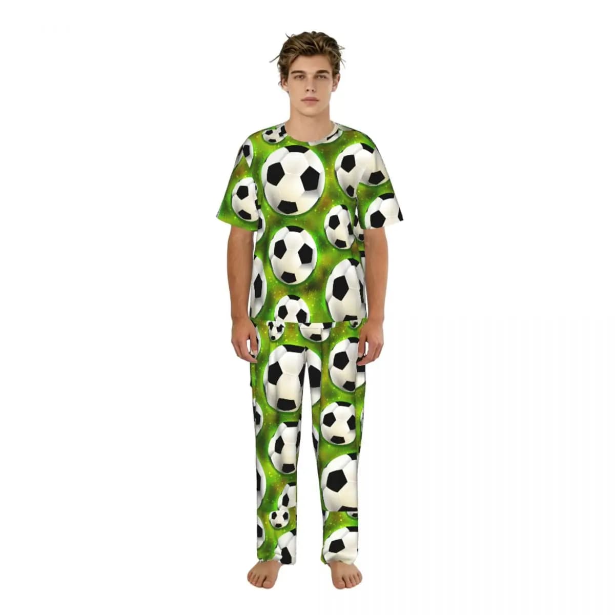 Set Pigiama da Uomo Estivo con Maglietta a Maniche Corte + Pantaloni Lunghi, Abbigliamento da Notte, Completo da Casa con Motivo Pallone da Calcio