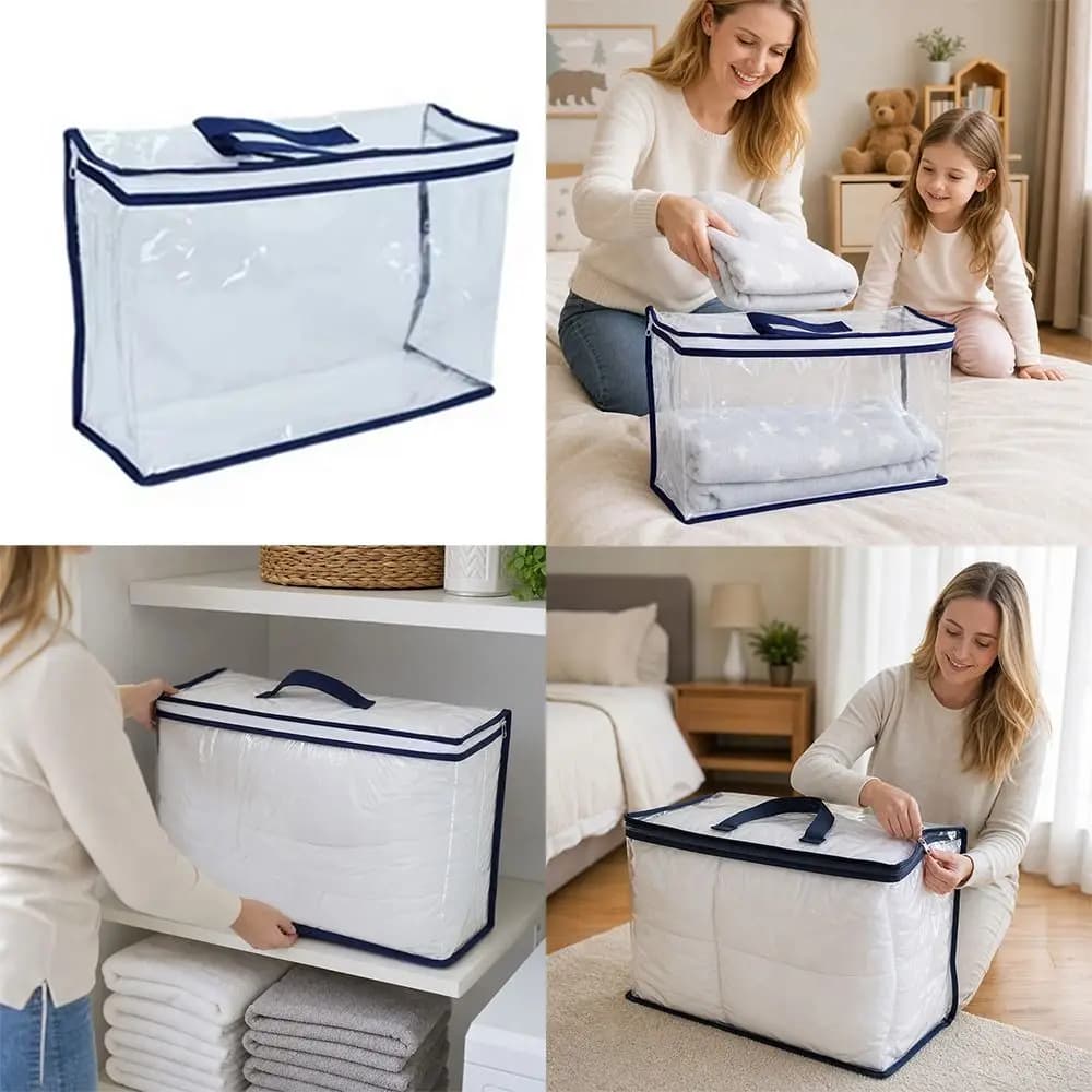 PVC Transparent Quilt Storage Bag With Handle Large Capacity Bed Sheet Organizer Bag Dustproof Waterproof Reusable
