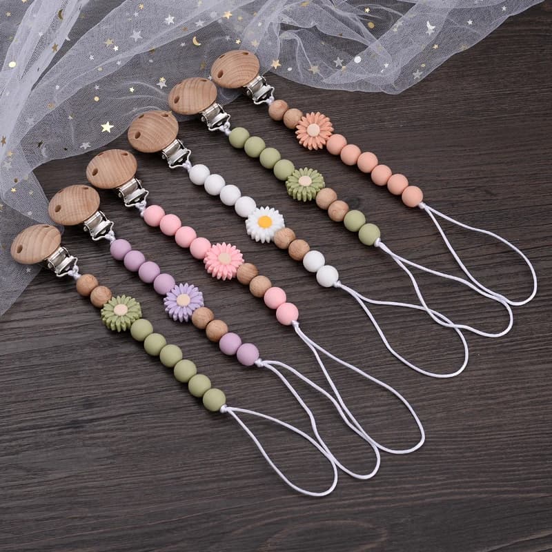 Clip rotonde in legno di faggio per bambini Fiori Perline in silicone Catena ciuccio per massaggiagengive Giocattoli infermieristici Porta ciuccio fatto a mano BPA gratuito