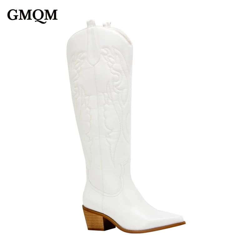 GMQM scarpe da CowBoy occidentali ricamate da donna di nuova moda stivali alti al ginocchio stivali con plateau con tacco grosso in PU stile Punk a punta