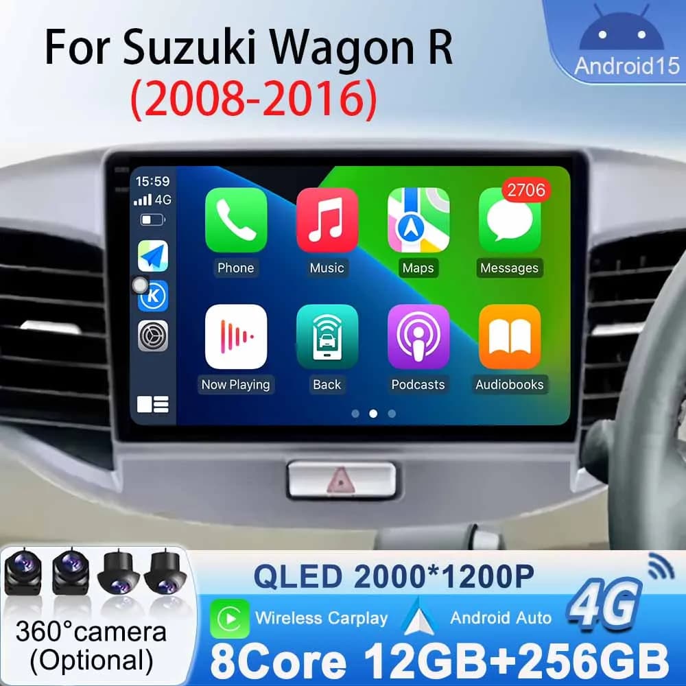 Autoradio Unità principale stereo per Suzuki Wagon R 2008 - 2016 Schermo Carplay Auto Lettore multimediale Android Navigazione Bluetooth GPS