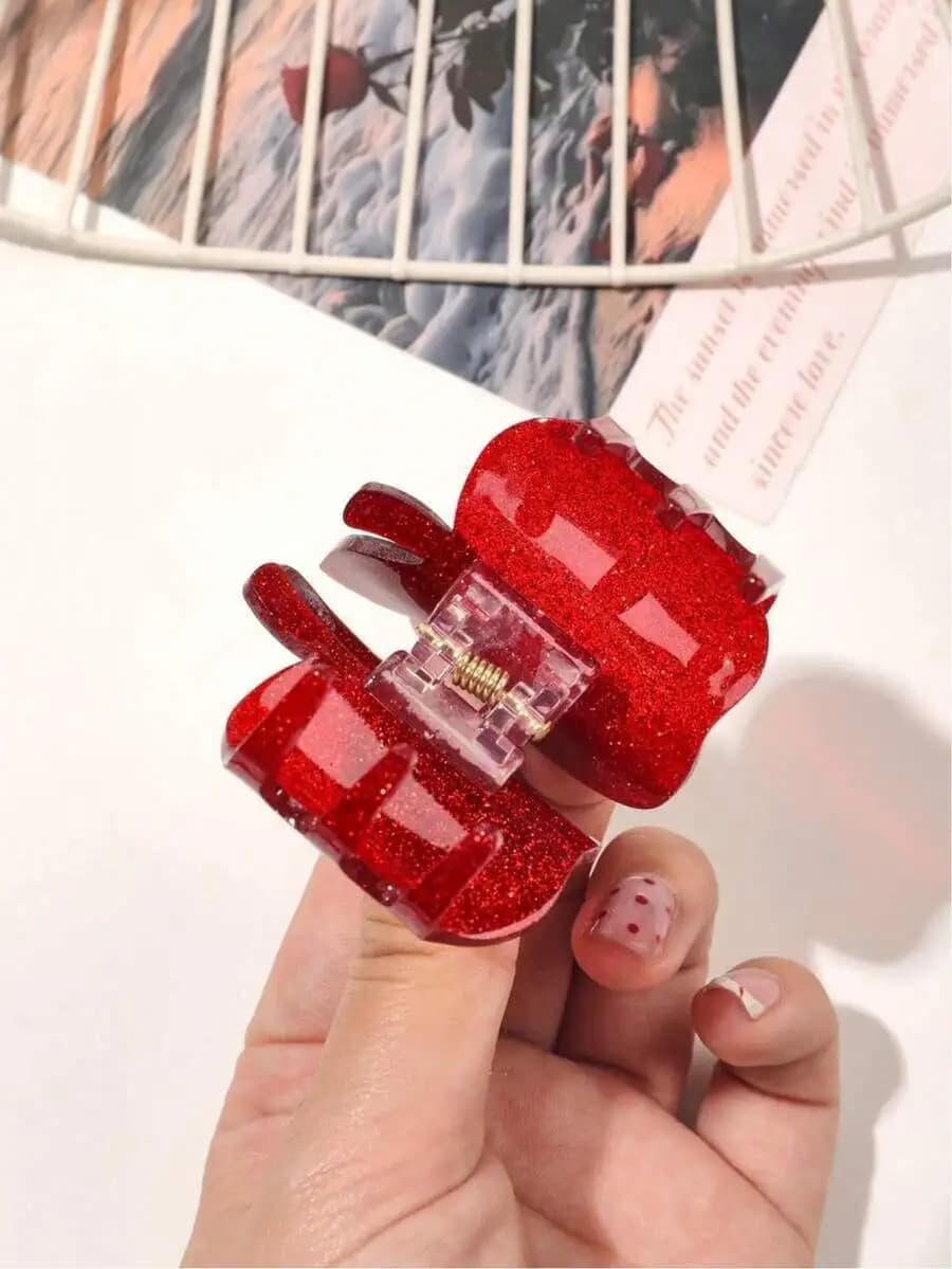 Fermaglio per capelli in acrilico rosso glitterato per donna, accessorio dolce in stile pastorale