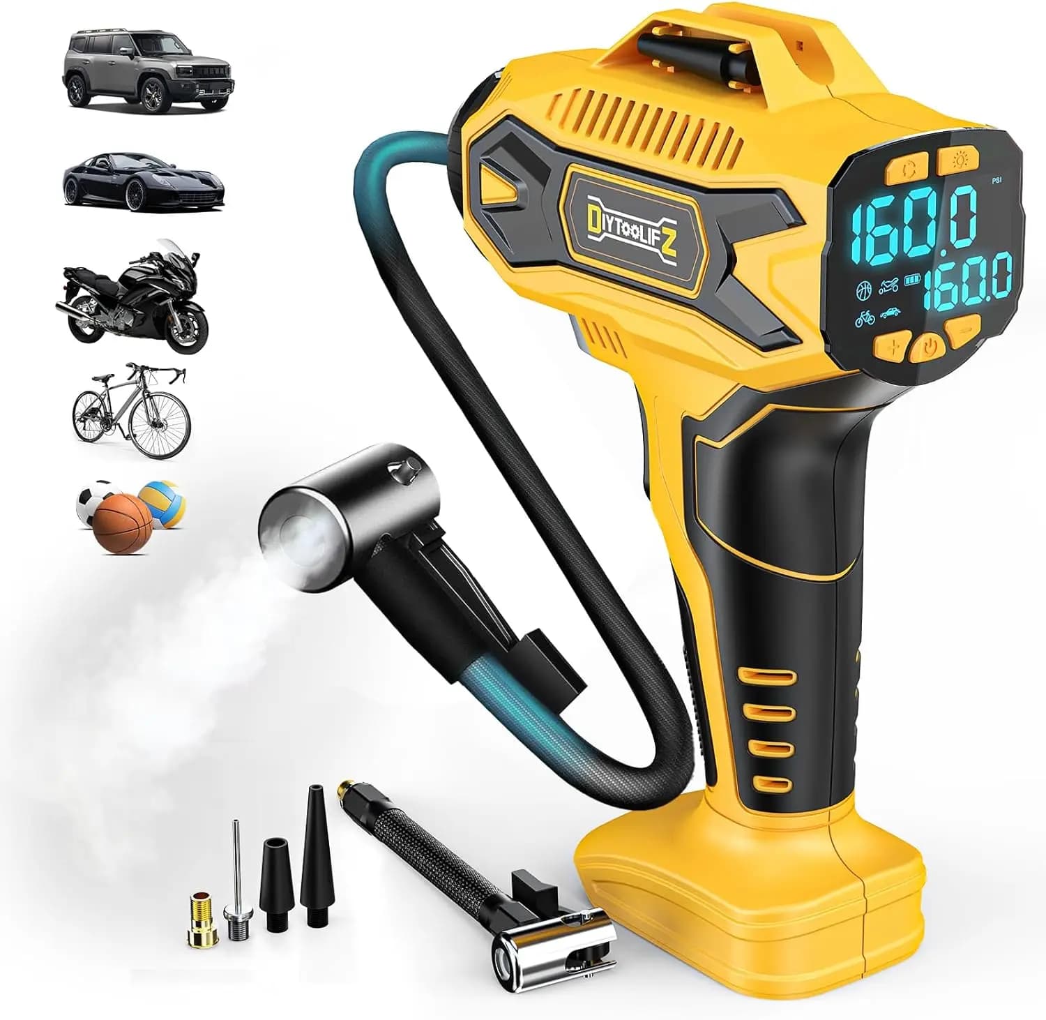 Compressore d'Aria Portatile Senza Fili 160PSI con Manometro Digitale, Pompa Rapida per Auto, Moto e Biciclette