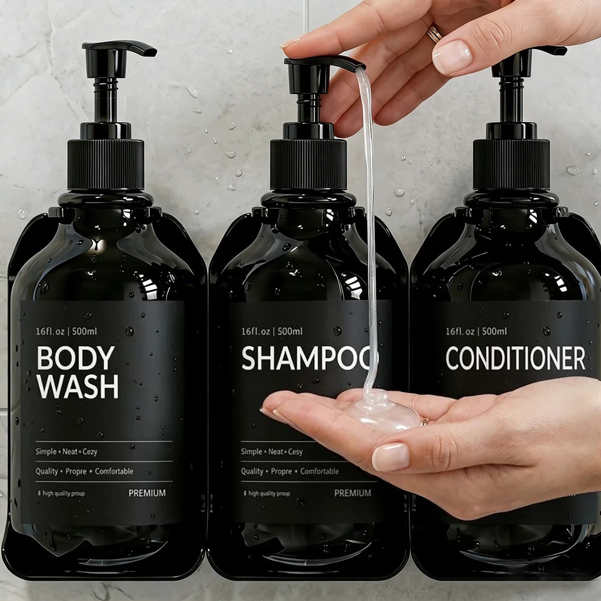 Set Dispenser per Shampoo e Balsamo a 2 o 3 Scomparti - Organizzatore Minimalista per Bagno Senza Foratura, Bottiglie Ricaricabili con Pompa da 16oz