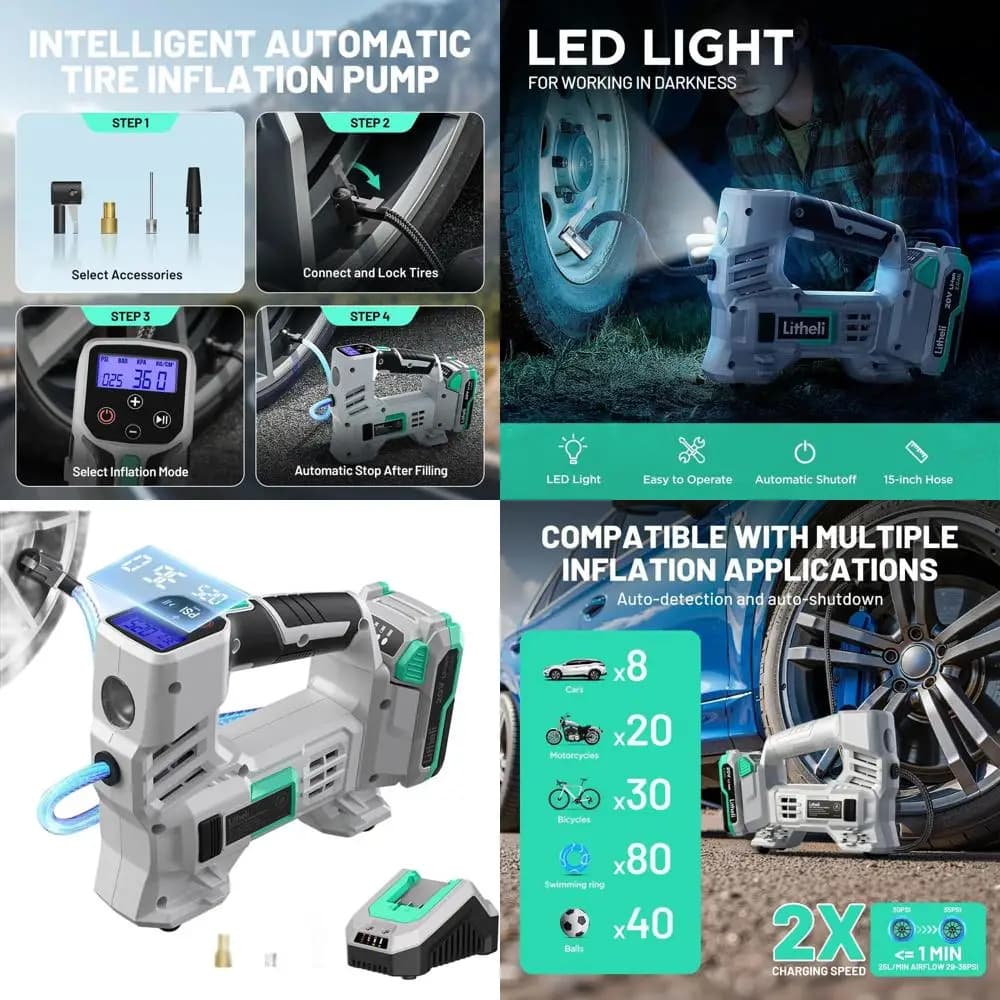 Gonfiatore per pneumatici a batteria da 20 V con manometro digitale, 150 PSI, batteria da 2,0 Ah e caricabatterie per auto, biciclette e palline