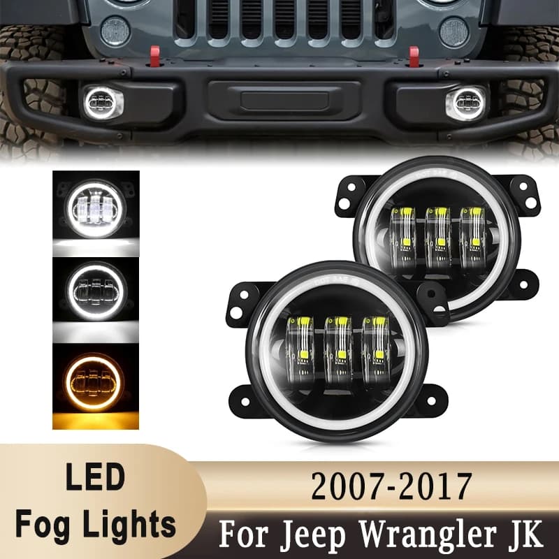 For Jeep Wrangler JK 2007-2018 Front Bumper LED Fog Light With Ring Angel Eyes White DRL Amber Turn Signal Light Driving Lamp