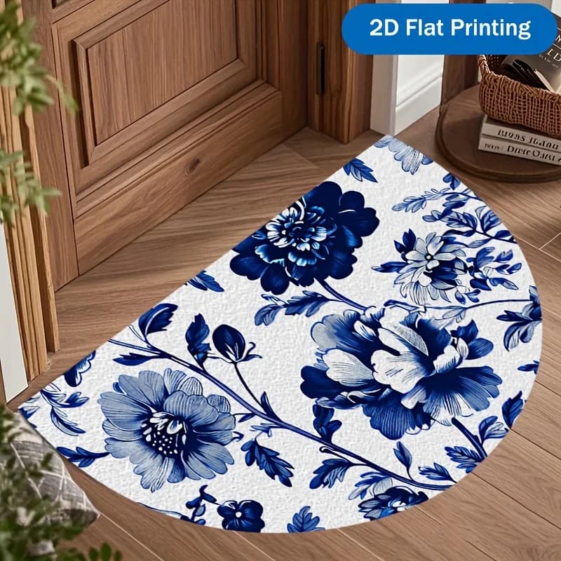 Blue White Floral Doormat Classic Porcelain Pattern Non Slip Entry Rug For Entryway Hallway And Oriental Home Decor