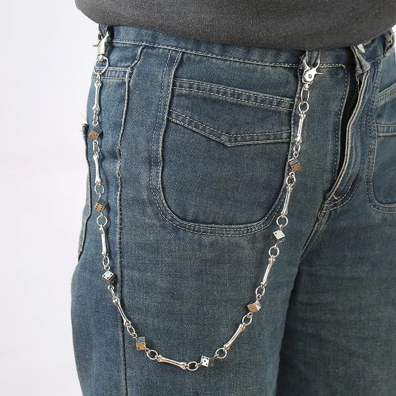 Catena per pantaloni con dadi in osso di cane unisex punk rock hip-hop, gioielli per jeans da uomo e donna, portachiavi con ciondolo a portafoglio multistrato