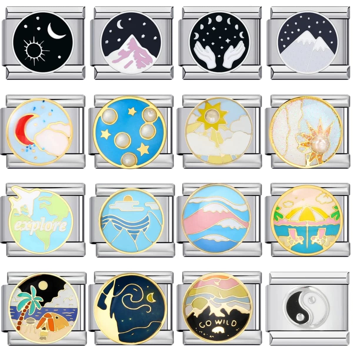 Delicate Round Star Moon Mountain Ocean Beach Italian Charm Link Fit 9mm Stainless Steel Bracelet Making DIY Beads Jewelry