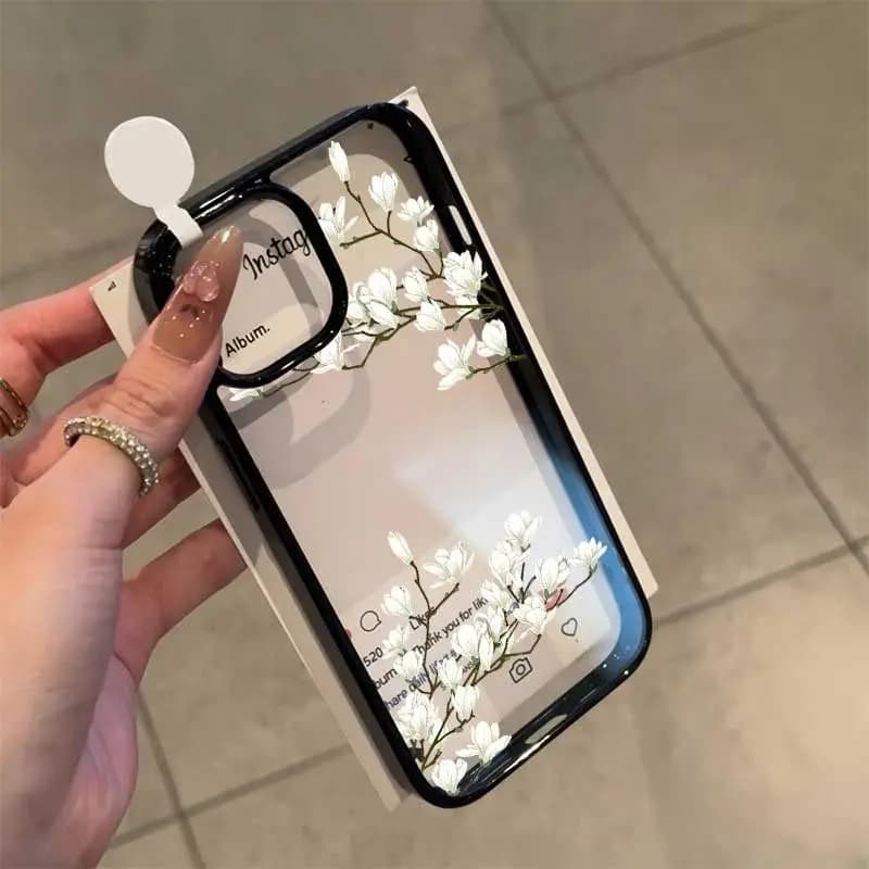 White Magnolia Flower Phone Case For iPhone 14 Pro 15 13 12Mini 11 XR XS Max 16 17 Air Plum Blossom Shockproof Clear Hard Cover