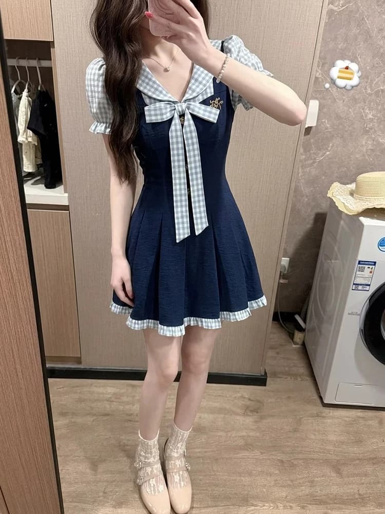 College Style Plaid Splice Short Sleeve Doll Collar Dress Women's Summer Waist Cinching Slimming Pleated Skirt Dress