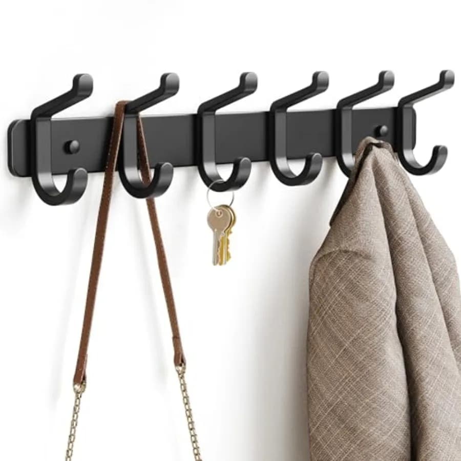 Coat Rack Wall Mounted Heavy-Duty: Metal Coat Hanger 6 Hooks for Hanging Hat, Clothes, Robe, Keys, Backpack, Bathroom Towels, J