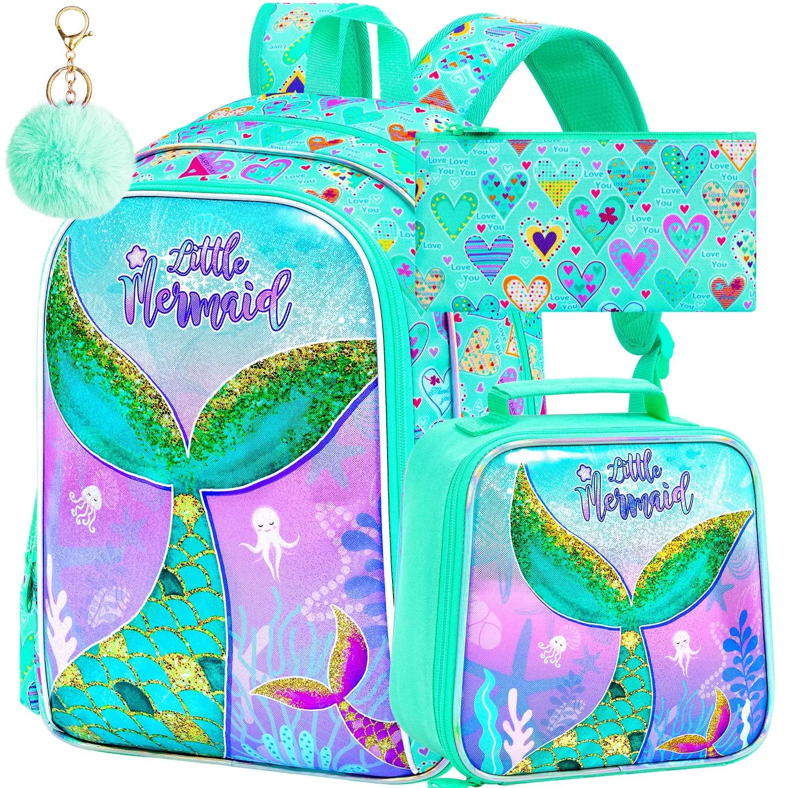 Zaino a forma di sirena da 3 pezzi per ragazze, zaino per bambini da 16 pollici a forma di coda di pesce con borsa per il pranzo, carino zaino per la scuola materna e l'asilo