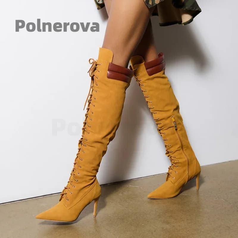 Tan Suede Knee High Boots for Women Sexy Pointy Toe Front Lace Up High Heels Shoes Trendy Winter Party Runway Long Boots Lady