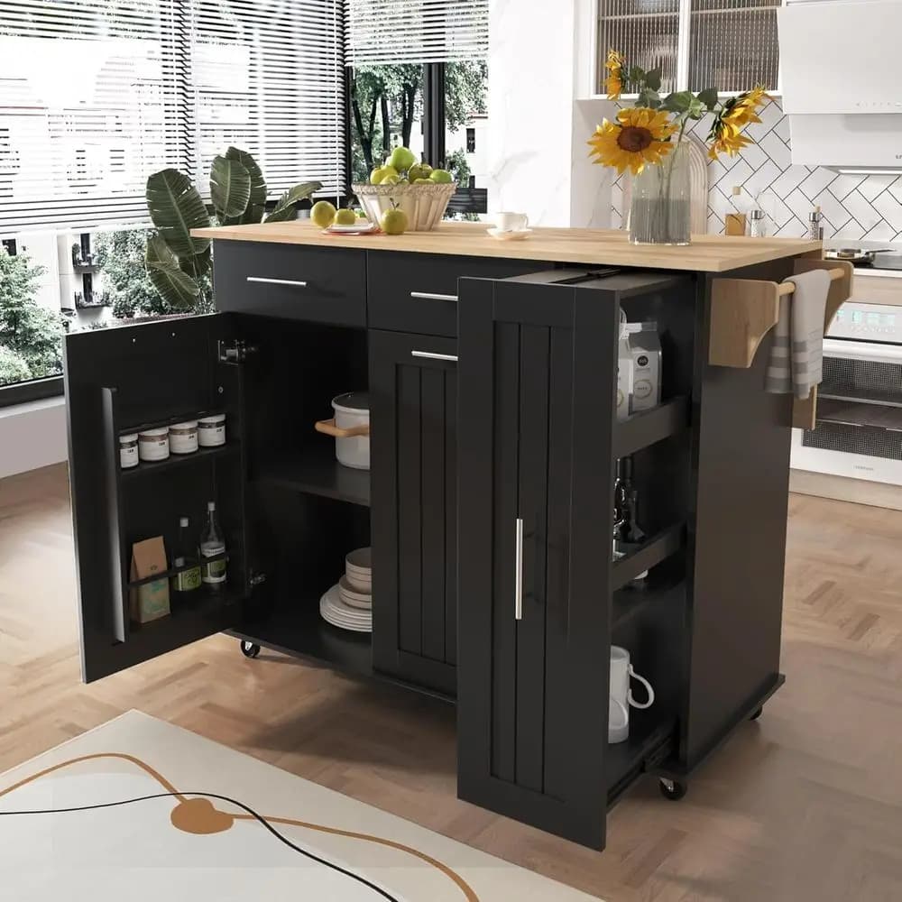 Isola da Cucina 43 con Piano Ribaltabile, Carrello Mobile, Armadietto Estraibile a 3 Ripiani, Scaffale Portaoggetti, Portasciugamani, 2 Cassetti in Nero