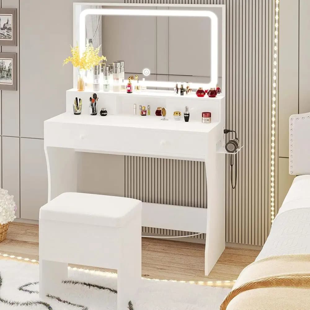 Illuminated LED Mirror with Current Clamp, Makeup Table Set, Container Stool and Hair Dryer, White