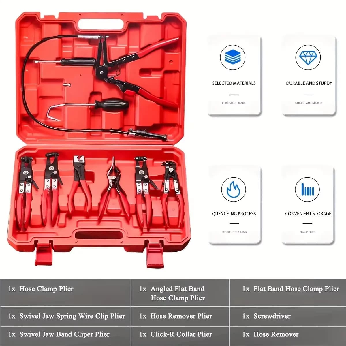 Set di 9 Pinze per Fascette Stringitubo a Lunga Portata, Strumenti per Riparazione di Tubi per Carburante, Olio e Acqua