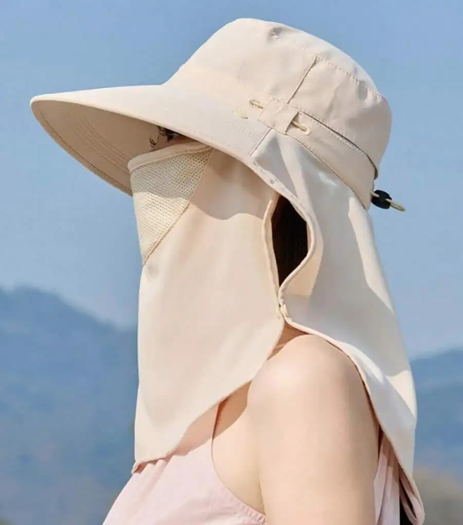 Women's Sun Hat in Tesa Larga with Facial Mask, UV Protection, Foldable, for Hiking and Leisure