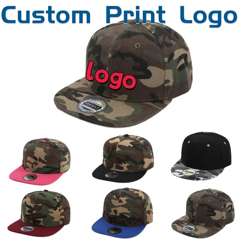 Cappelli con visiera piatta mimetici personalizzati con logo stampato, traspiranti e versatili, per protezione solare e uso all'aperto.