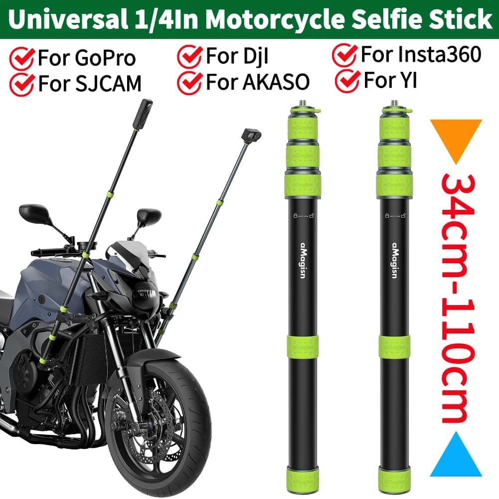 Professional Motorcycle Selfie Stick 34-110cm, Metal Auction with Pollice 1/4 Thread, Trekking Auction for Insta360/GoPro/DJI/SJCAM/Akas/Insta360