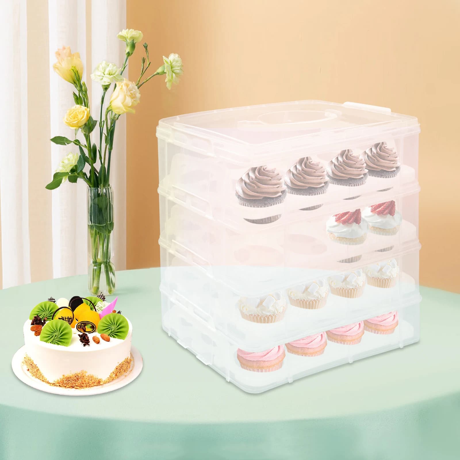 4 level cupcake holder box transparent for cupcake at 48 grids with handle Mobile dessert transport box