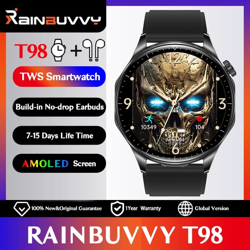 Rainbuvvy T98 TWS Auricolari incorporati Orologio Schermo AMOLED da 1,43 pollici Auricolari wireless Chiamata Bluetooth Calorie 2 IN 1 Smart Watch