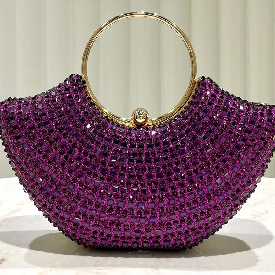 Borsa da sera da donna con manico ad anello con diamanti lussuosi viola lucido per abiti da festa, pochette da sposa, catene, borse a tracolla