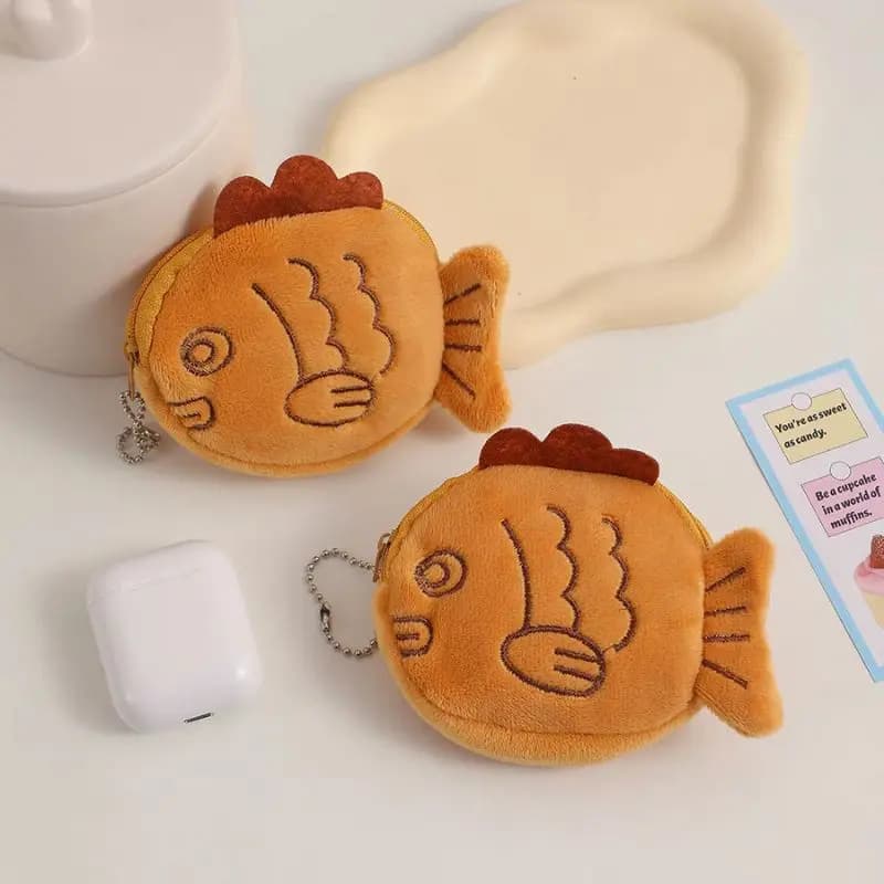 Portamonete a forma di pesce in peluche, carino, da donna, Taiyaki, per carte, chiavi, auricolari, monete, per piccoli oggetti, con cerniera, regalo per bambini