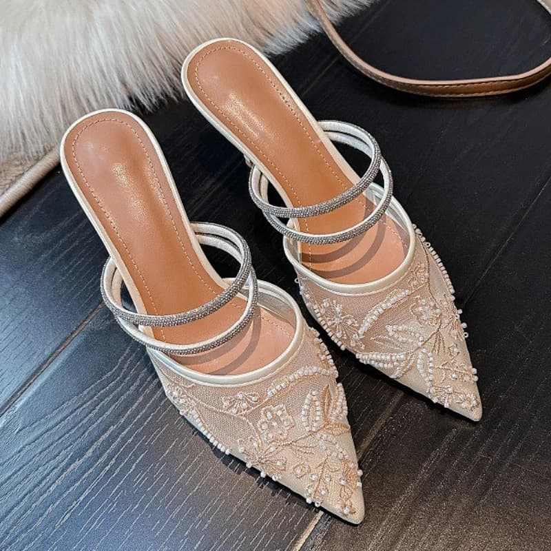 Sexy beads with beads High heels in net Female embroidery Strass Elegant wedding banquet shoes Brand woman shoes Tacones
