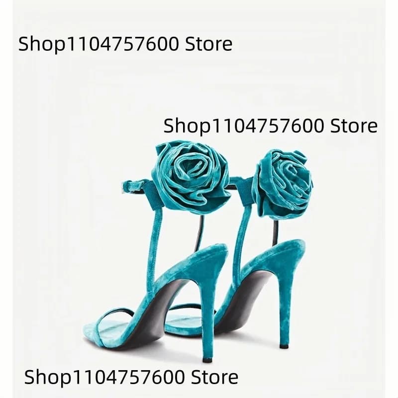Women's Teal Velvet Heels 3D Rose Ankle Detail Design Sandals Stiletto Heel Ankle Strap Elegant Vintage Ladies Luxurious Shoes