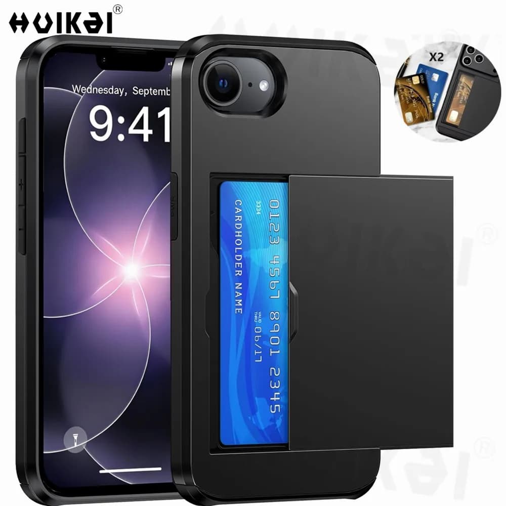 Custodia Protettiva Robusta in PC Rigido con Porta Carte Scorrevole per iPhone 17e, 17 Pro Max, 15 Pro Max, 14 Pro, 13, 12, 11