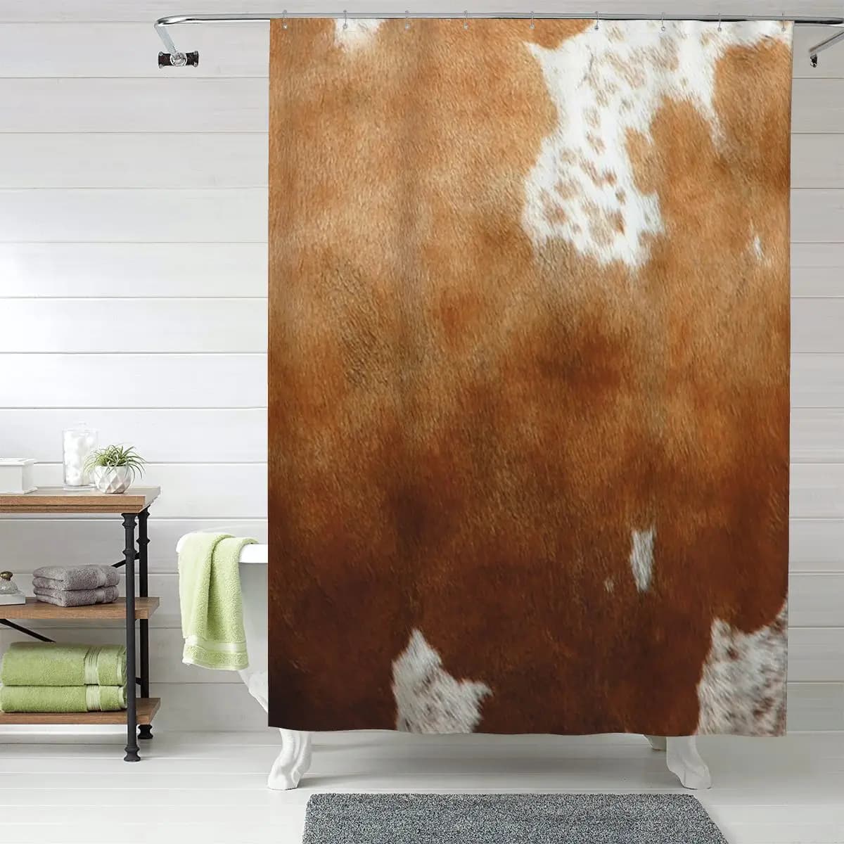 Elegante Tenda da Doccia in Poliestere Impermeabile con Stampa Effetto Pelle di Mucca e Ganci