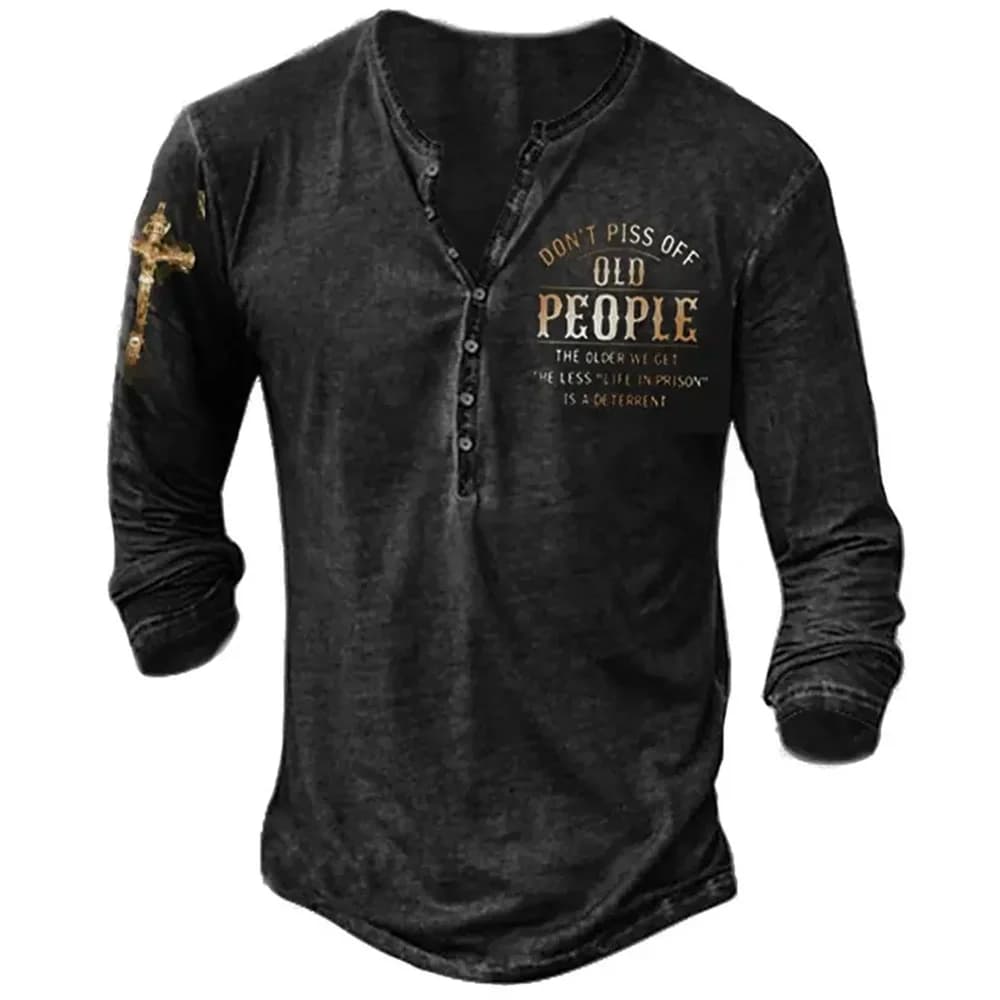 Vintage Men's T Shirt Long Sleeve Top Street Tees Graphic Print 3D T-Shirt Fall Street Oversized Loose Clothing Button T-shirt