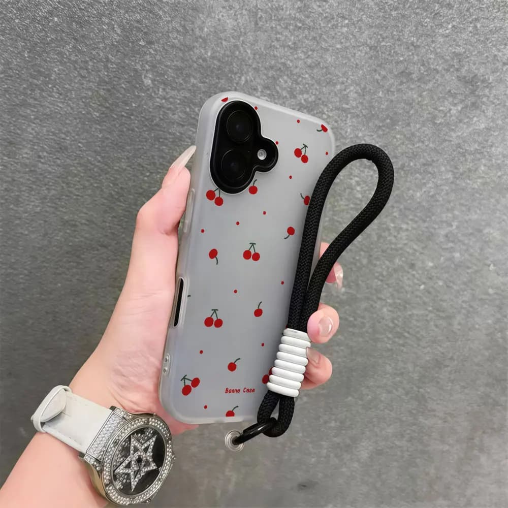 Red Cherry INS Lanyard Phone Case For iPhone 16 17 15 12 11 14 13 Pro Max Air X 16 14 7 15 8 Plus XS XR Wrist Strap Matte Cover