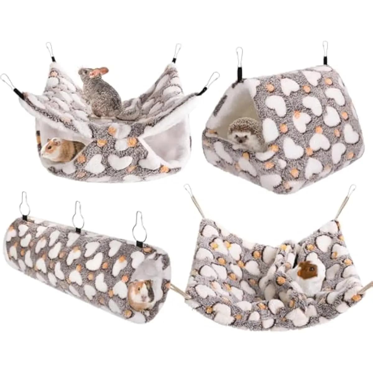 4 Pieces Small Pets Cage Accessories Hanging Hammock Sleeping Bag Tunnel and Bed Hideout Set Warm Sleep Nap Sack Bed for Hamster