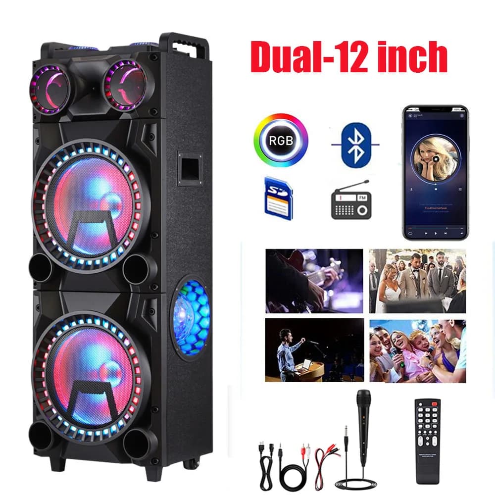 Altoparlante portatile per feste Bluetooth da 9500 W Sistema audio per karaoke Bassi pesanti Ricaricabile Doppio subwoofer da 12 pollici Luce a LED con microfono