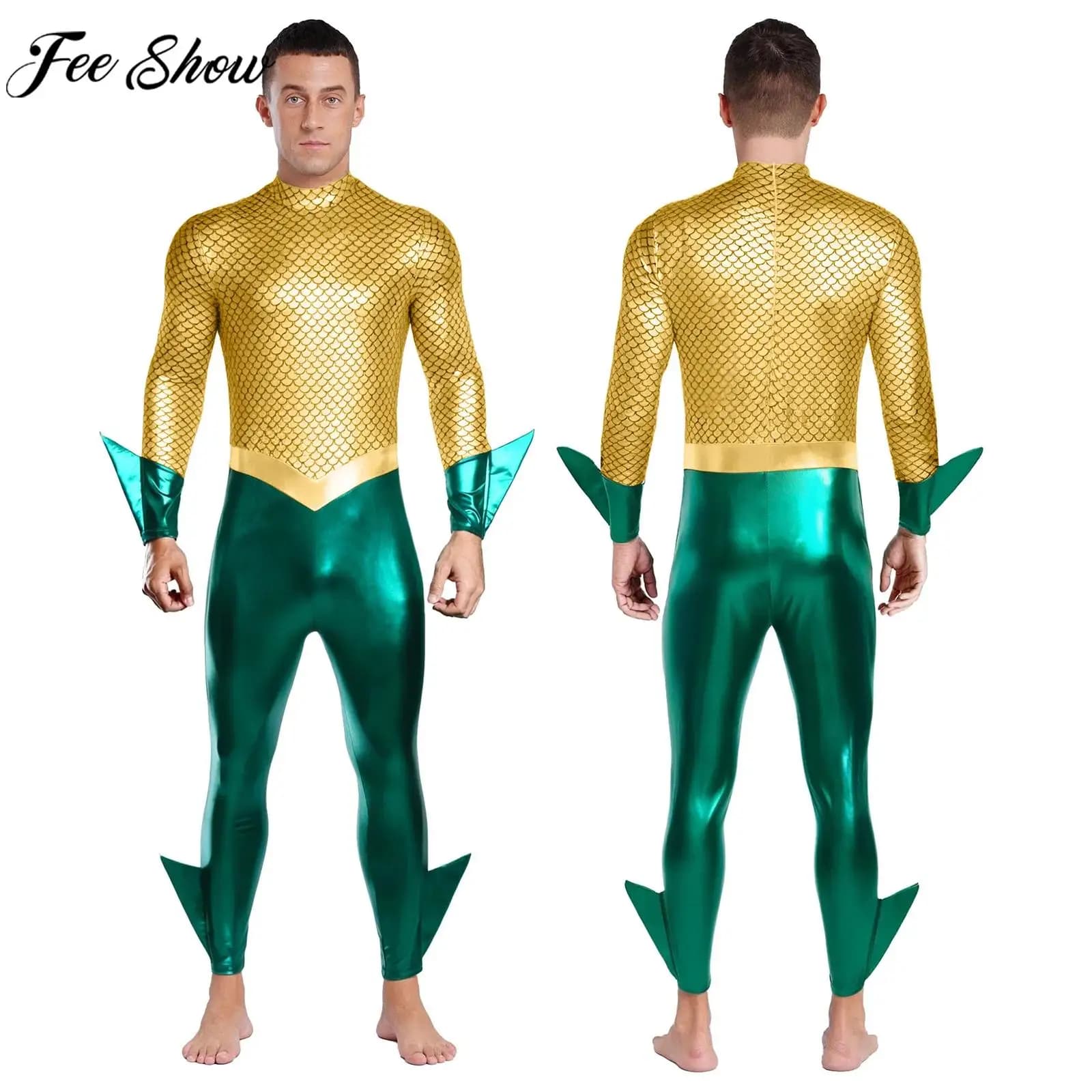 Costume cosplay da uomo per feste a tema Halloween, film Aquaman King of The Sea, tuta con stampa a squame di pesce metallizzato lucido a maniche lunghe