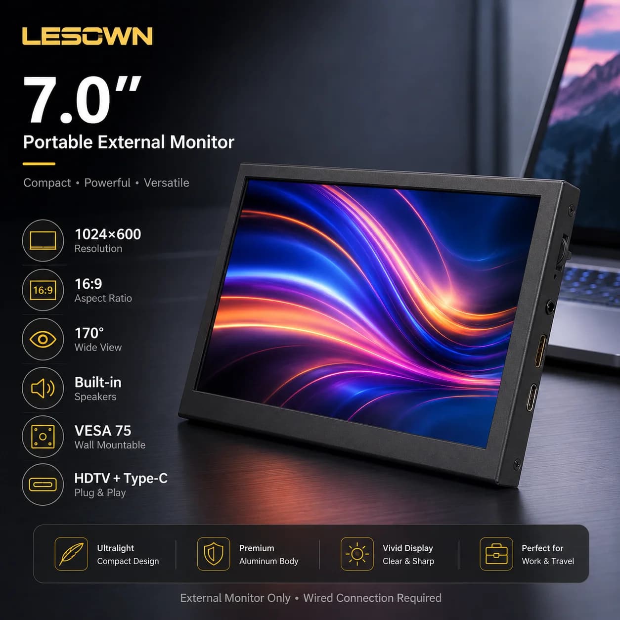 LESOWN Monitor small USB C 7 inch 1024x600 IPS mini external portable monitor with large touch screen with support for PC smartphone